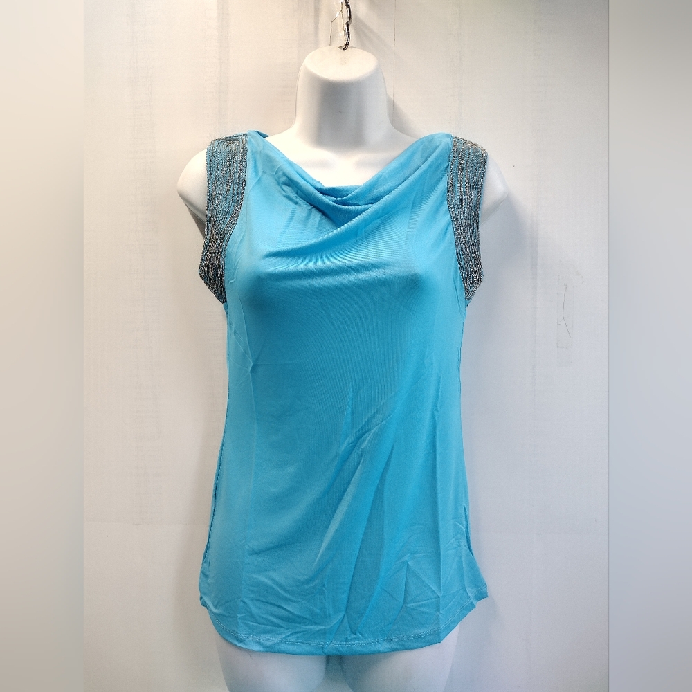 NWT Solution Womens Silky Blue Cowl Neck Top S
